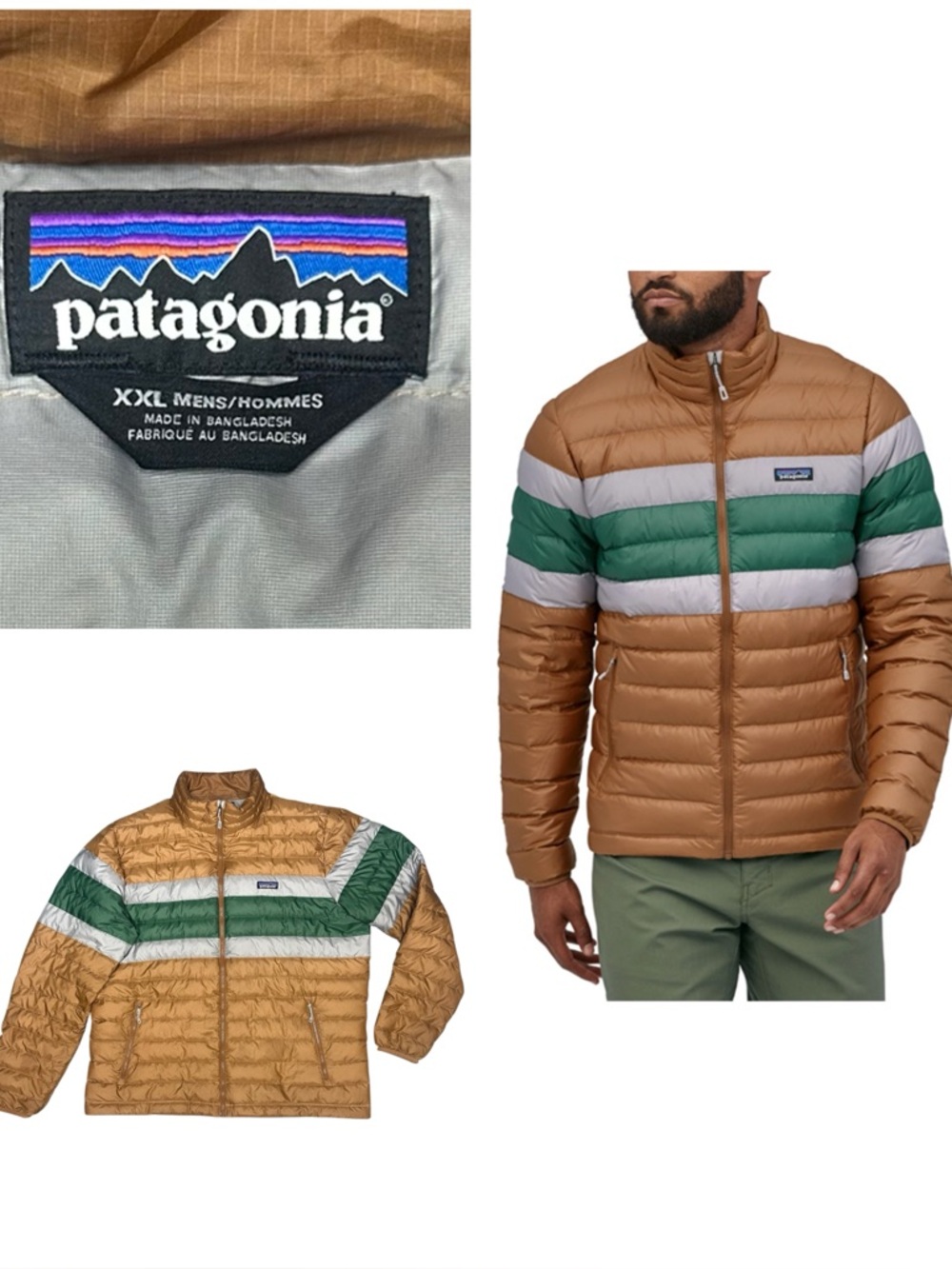 Patagonia Down Sweater Jacket Full Zip Puffer Zip Pockets Beech Brown Size XXL